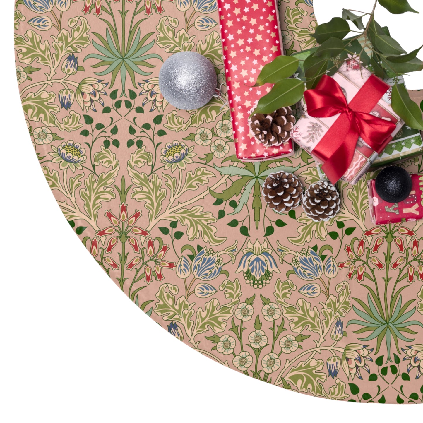 Decorative table runner with floral pattern and Christmas decorations on a white background