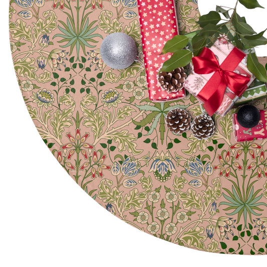 Decorative table runner with floral pattern and Christmas decorations on a white background