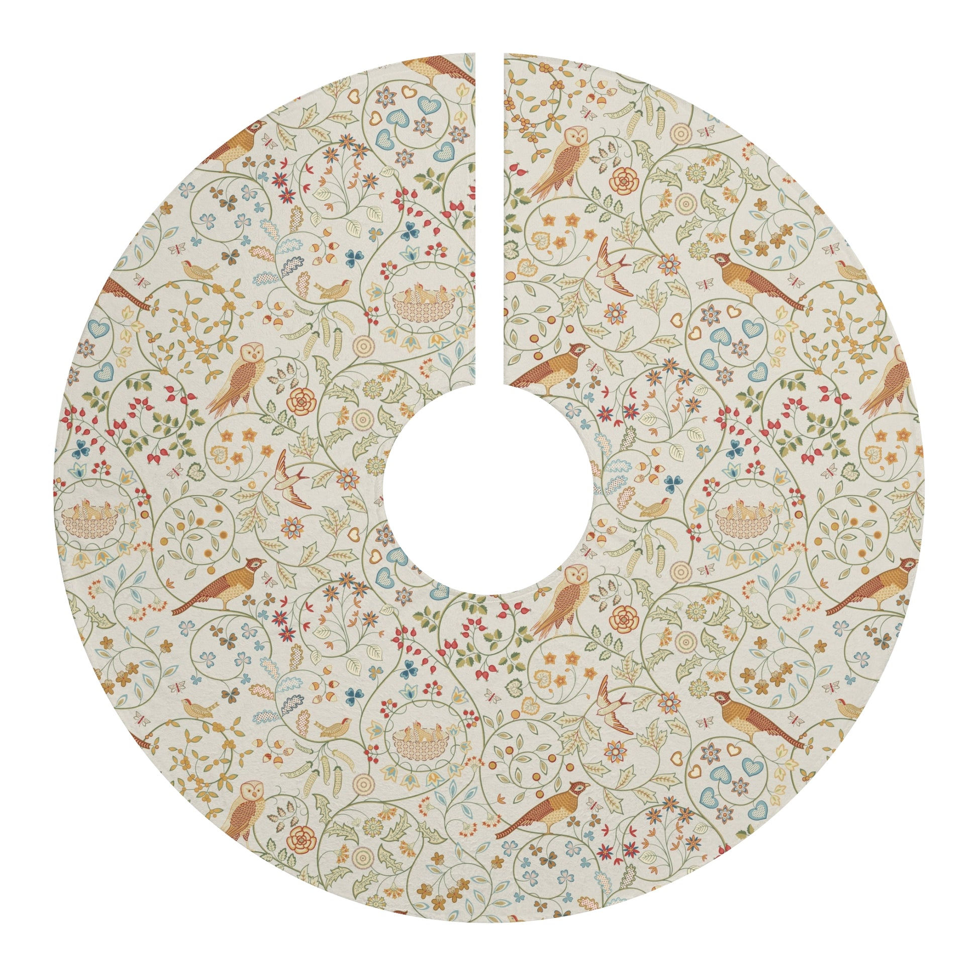 Decorative tree skirt with floral and bird pattern on a white background
