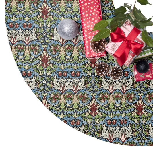Decorative Christmas tree skirt with a patterned design and holiday elements.