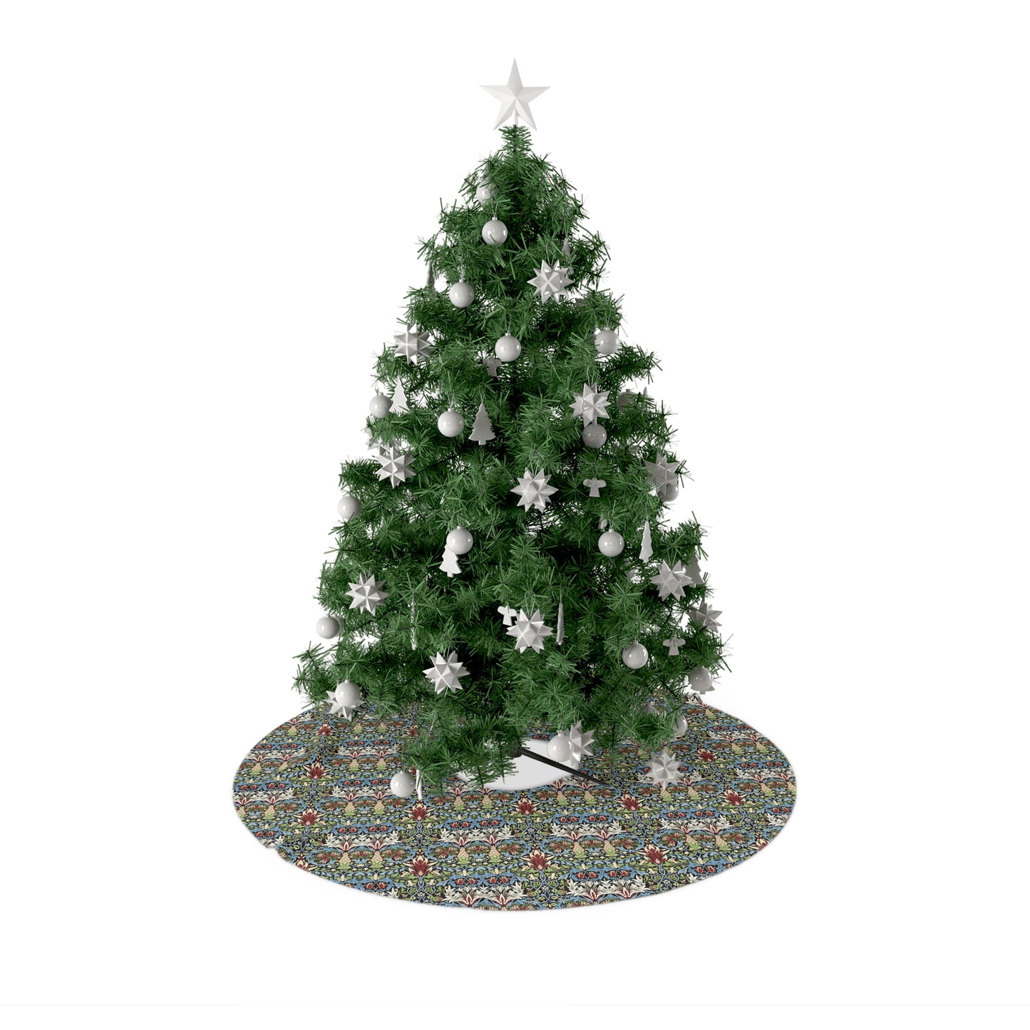 Decorated Christmas tree with a floral base on a white background
