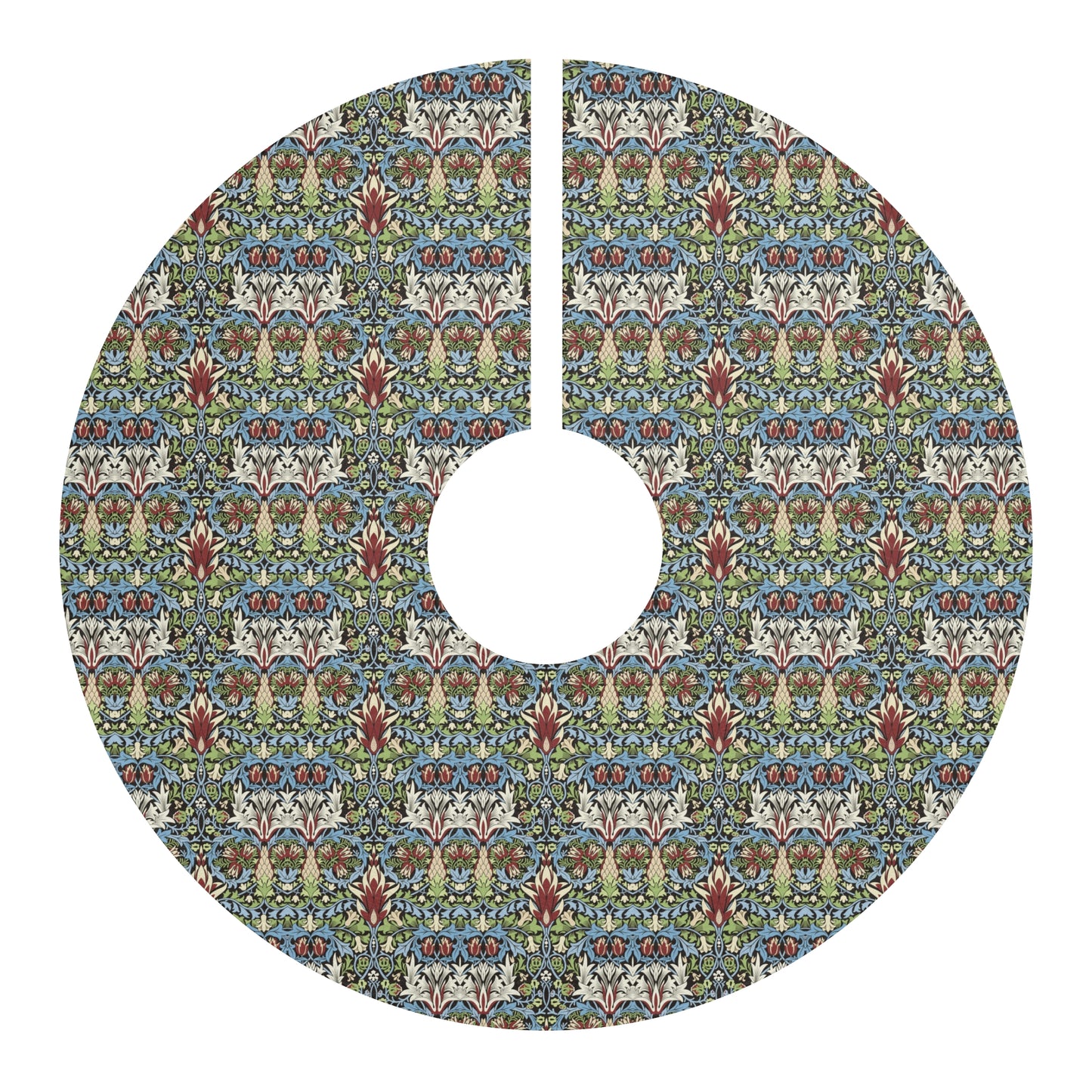 Decorative Christmas tree skirt with a colorful pattern on a white background