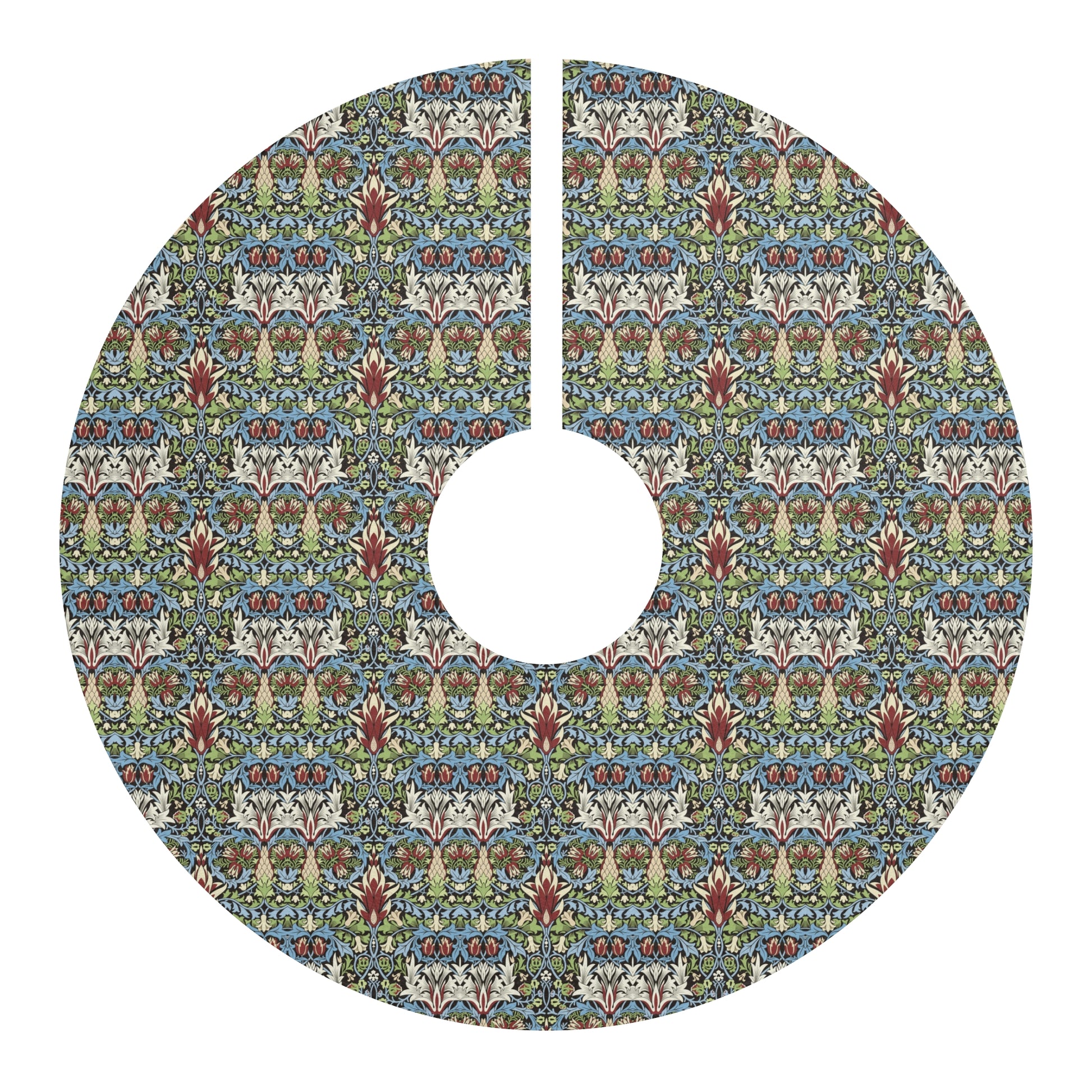 Decorative Christmas tree skirt with a colorful pattern on a white background