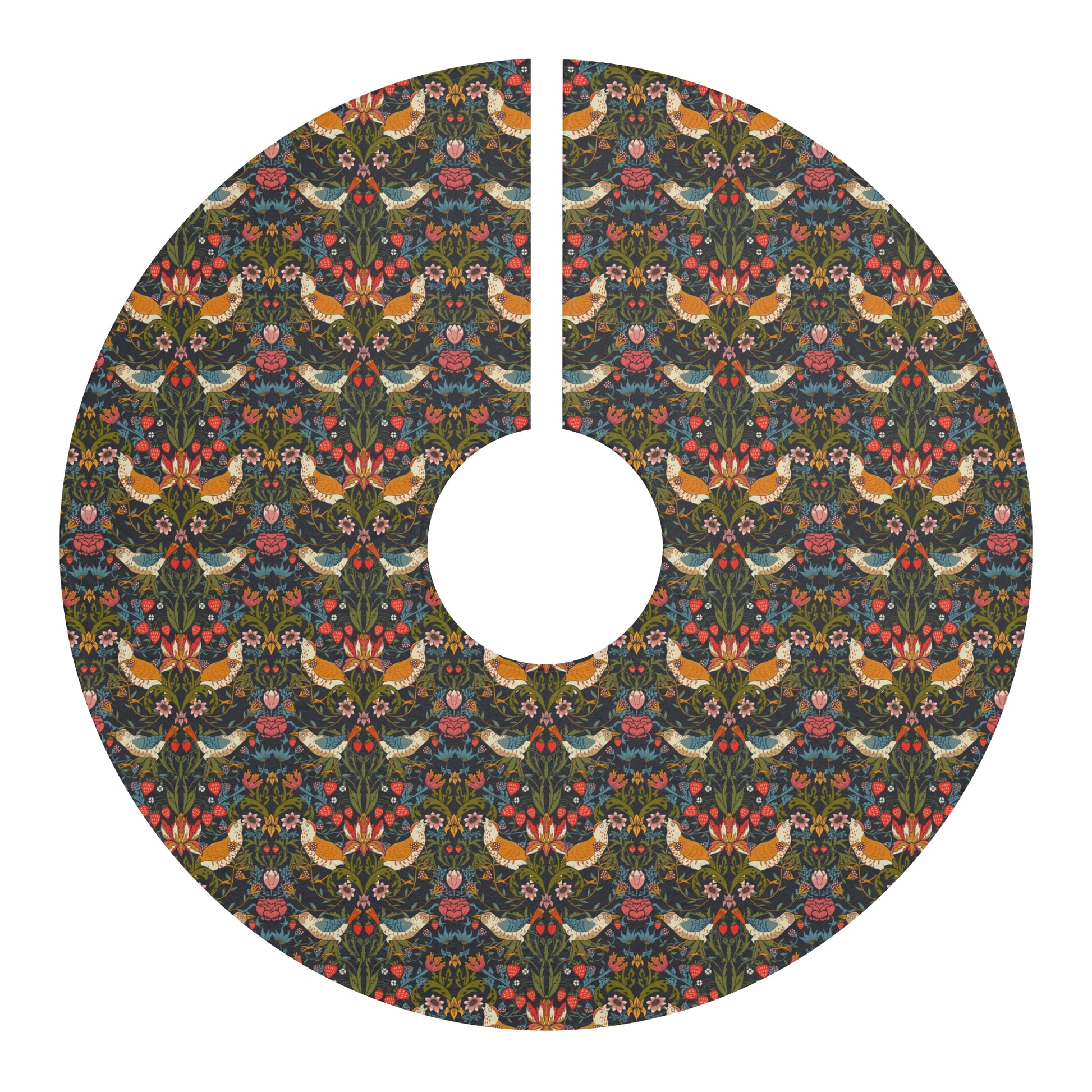 Decorative tree skirt with a floral and bird pattern on a white background