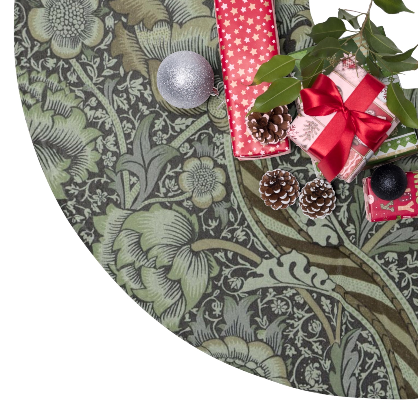 Decorative green tree skirt with floral pattern, wrapped presents, and pinecones on a white background
