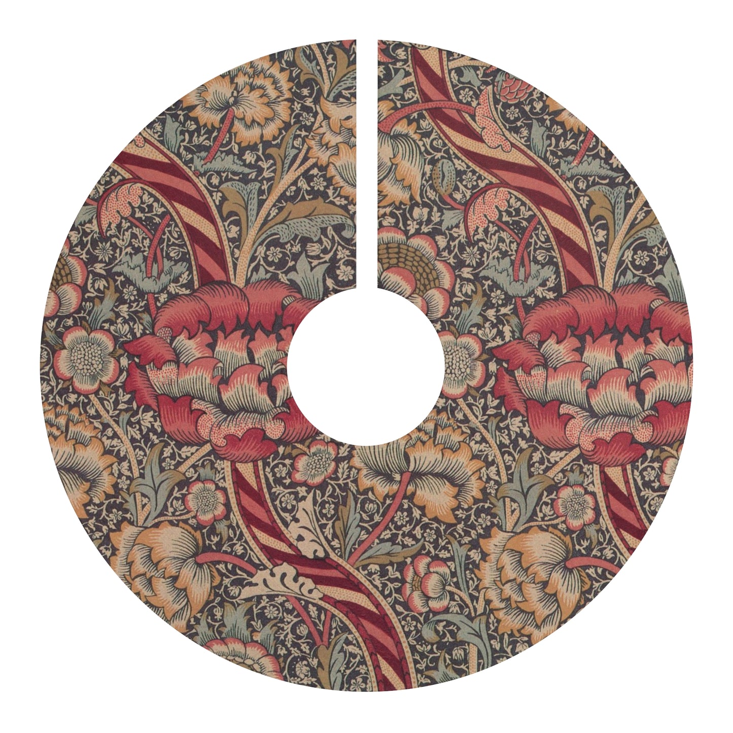 Decorative tree skirt with intricate floral pattern on a white background