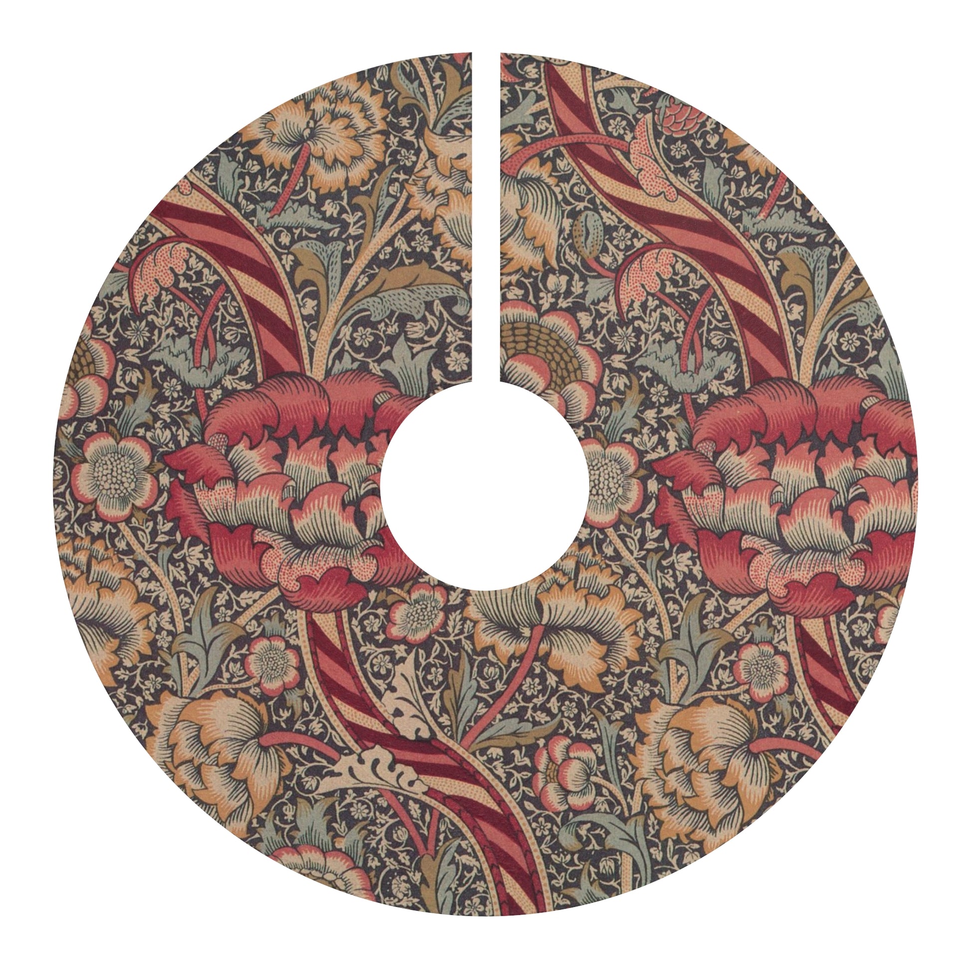 Decorative tree skirt with intricate floral pattern on a white background