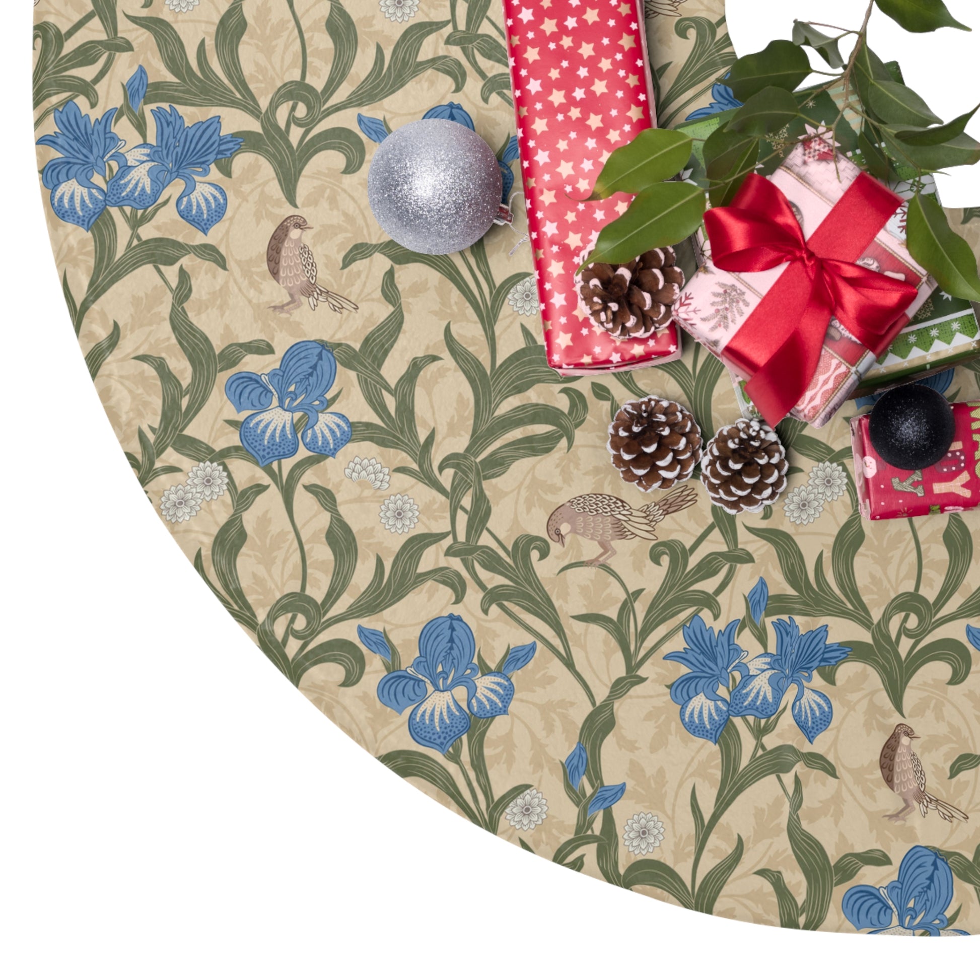 Christmas Tree Skirt by William Morris & Co in a floral pattern called Blue Iris Collection in beige, blue and green