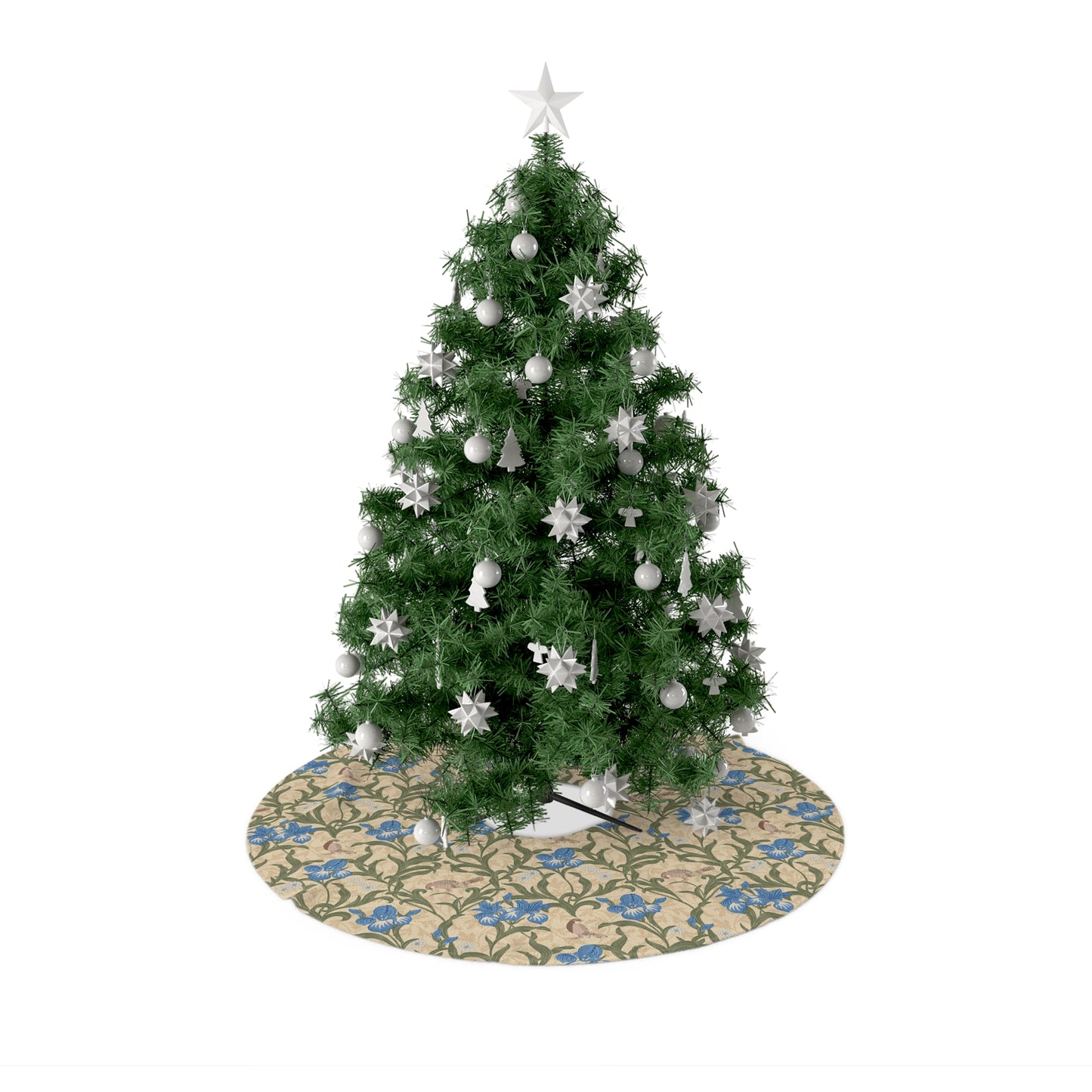 Christmas Tree Skirt by William Morris & Co in a floral pattern called Blue Iris Collection in beige, blue and green