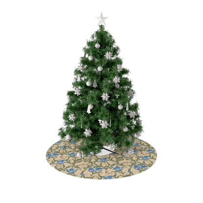 Christmas Tree Skirt by William Morris & Co in a floral pattern called Blue Iris Collection in beige, blue and green