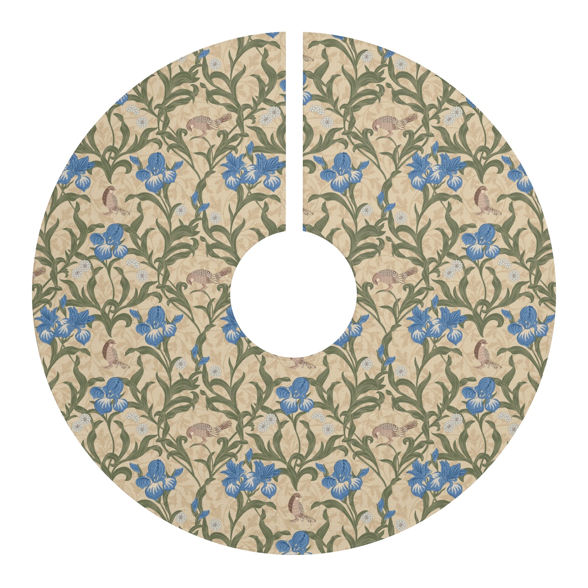 Christmas Tree Skirt by William Morris & Co in a floral pattern called Blue Iris Collection in beige, blue and green