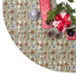 Decorative Christmas tree skirt with floral and butterfly pattern, surrounded by Christmas presents and decorations.