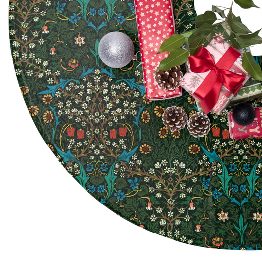Christmas Tree Skirt by William Morris & Co in a pattern called Tulip Collection in green, red, blue, yellow and white