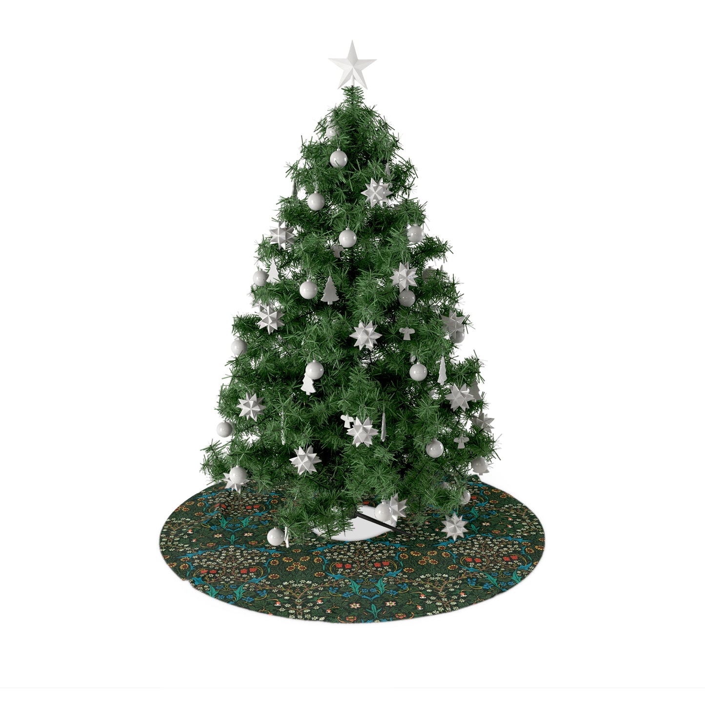 A round Christmas tree skirt with a green tulip pattern on a cream base, inspired by William Morris designs.