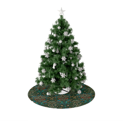 A round Christmas tree skirt with a green tulip pattern on a cream base, inspired by William Morris designs.