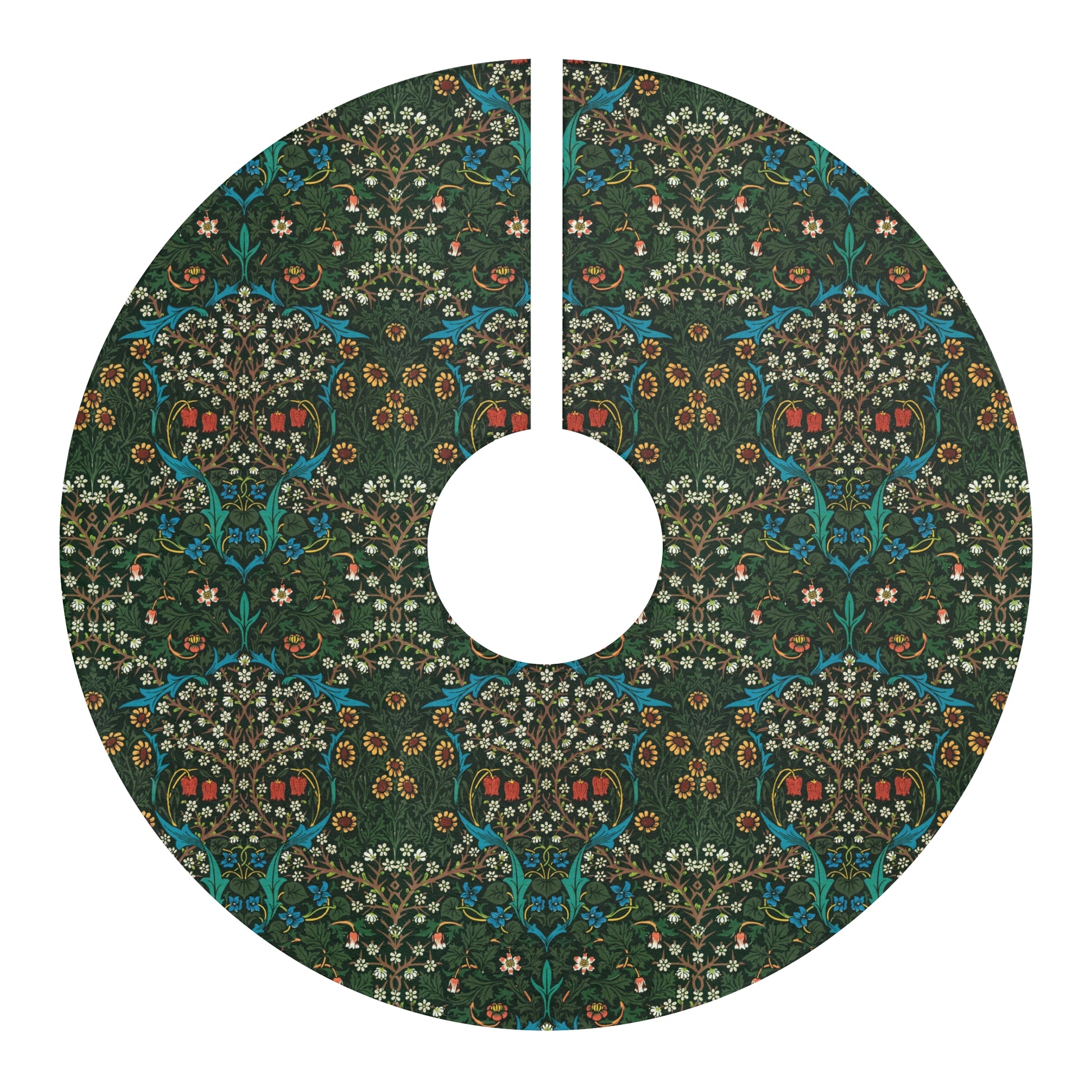 Christmas Tree Skirt by William Morris & Co in a pattern called Tulip Collection in green, red, blue, yellow and white