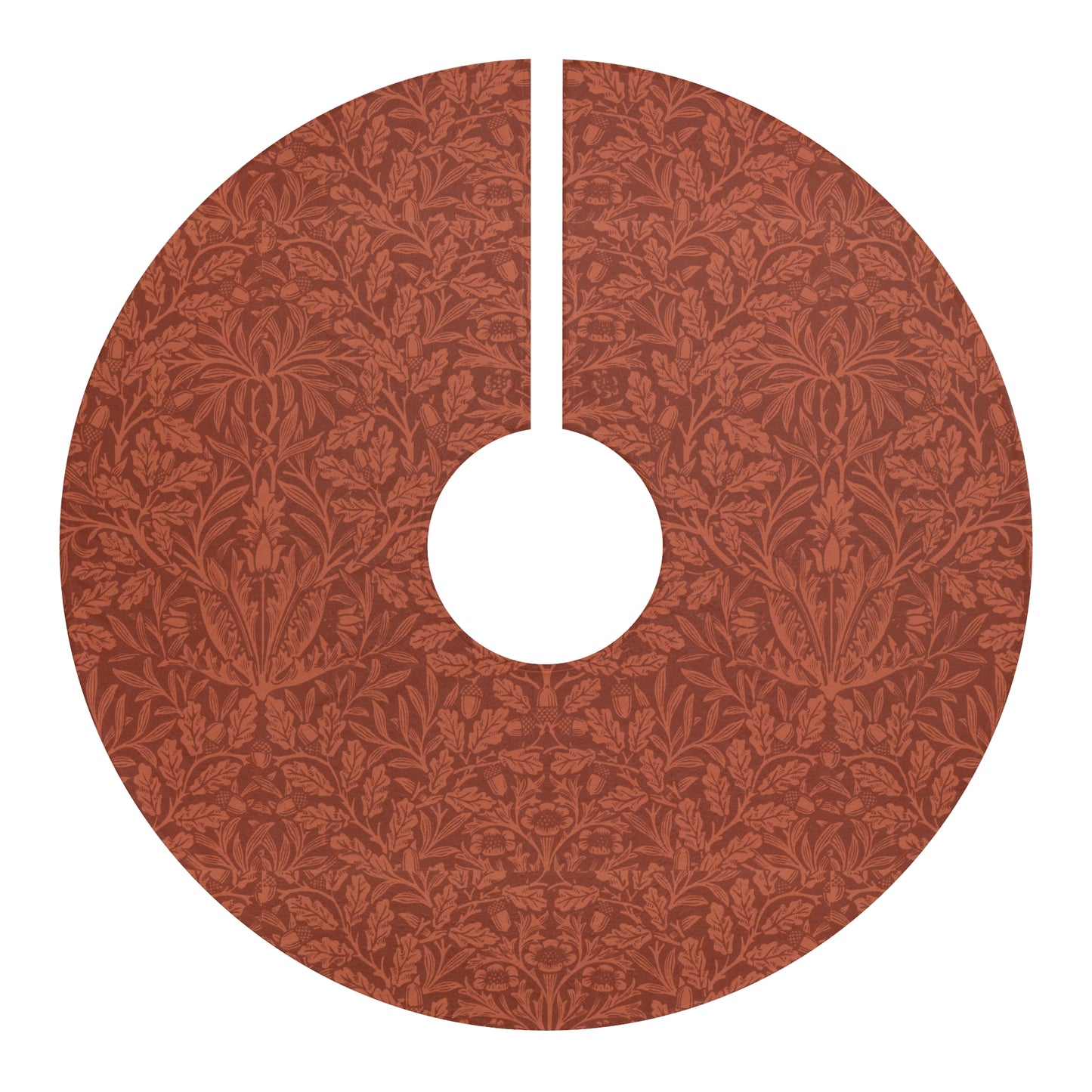Christmas Tree Skirt by William Morris & Co in a pattern called Acorn & Oak Leaves Collection in a rusty red colour