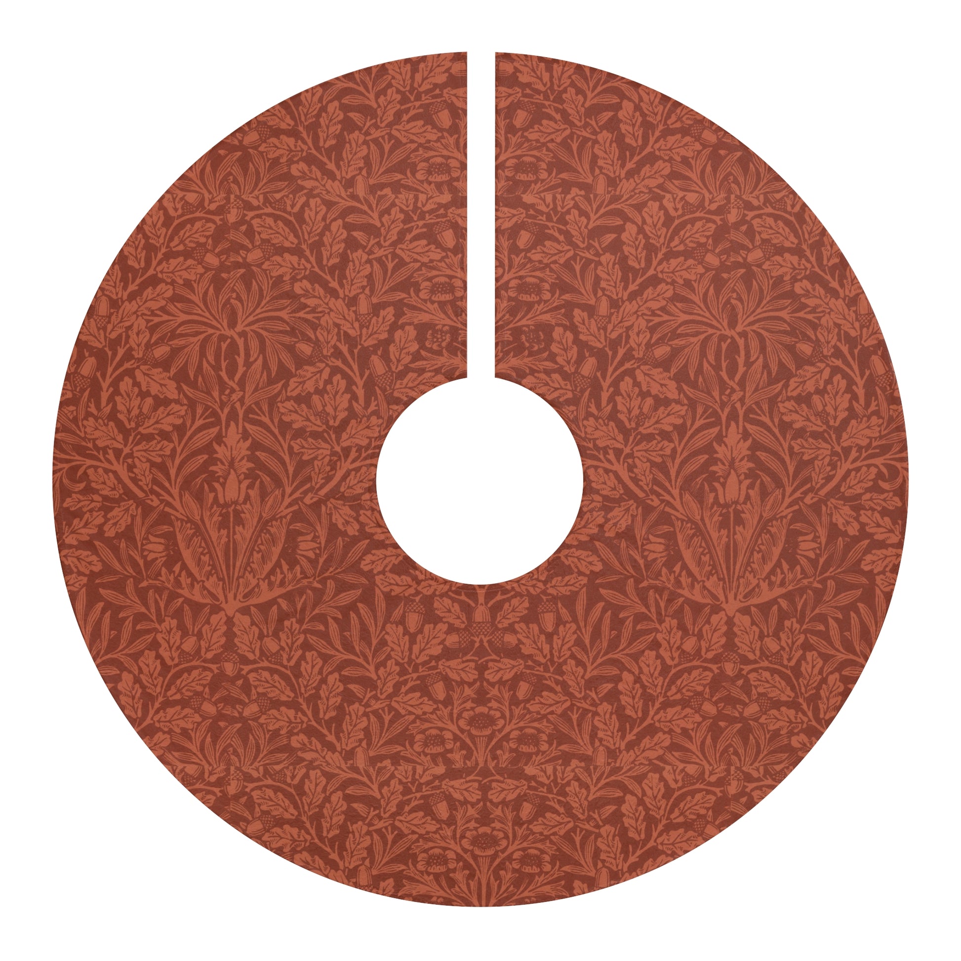 Christmas Tree Skirt by William Morris & Co in a pattern called Acorn & Oak Leaves Collection in a rusty red colour