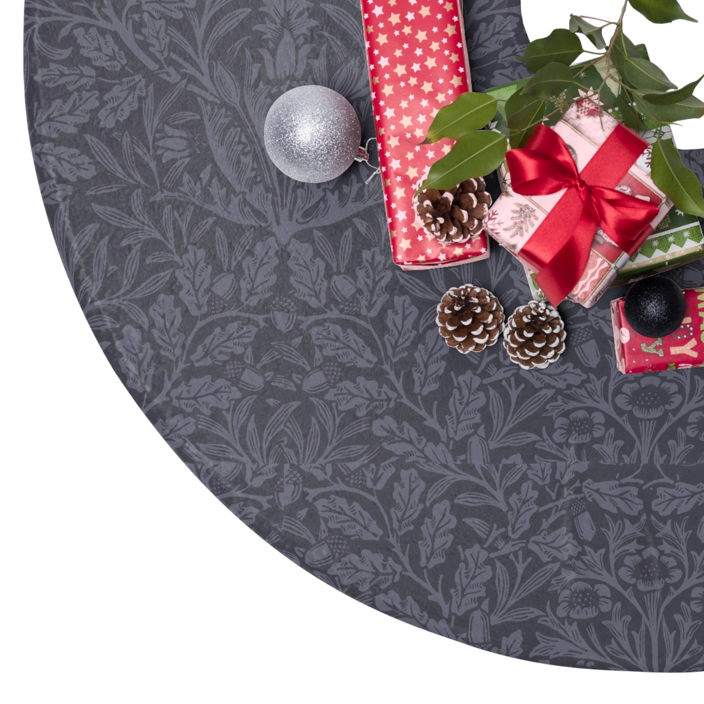 Christmas Tree Skirt by William Morris & Co in a pattern called Acorn & Oak Leaves Collection in a smoky blue colour