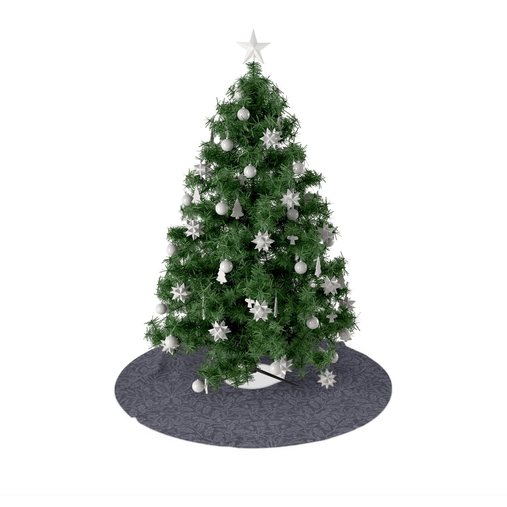 A round Christmas tree skirt with a smoky blue color, featuring a Christmas tree silhouette at the top. The skirt is made of soft fleece material and has a cream base color.