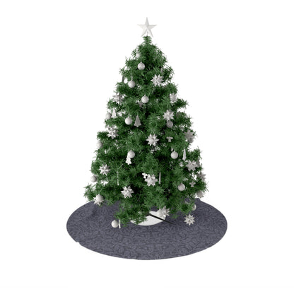 A round Christmas tree skirt with a smoky blue color, featuring a Christmas tree silhouette at the top. The skirt is made of soft fleece material and has a cream base color.