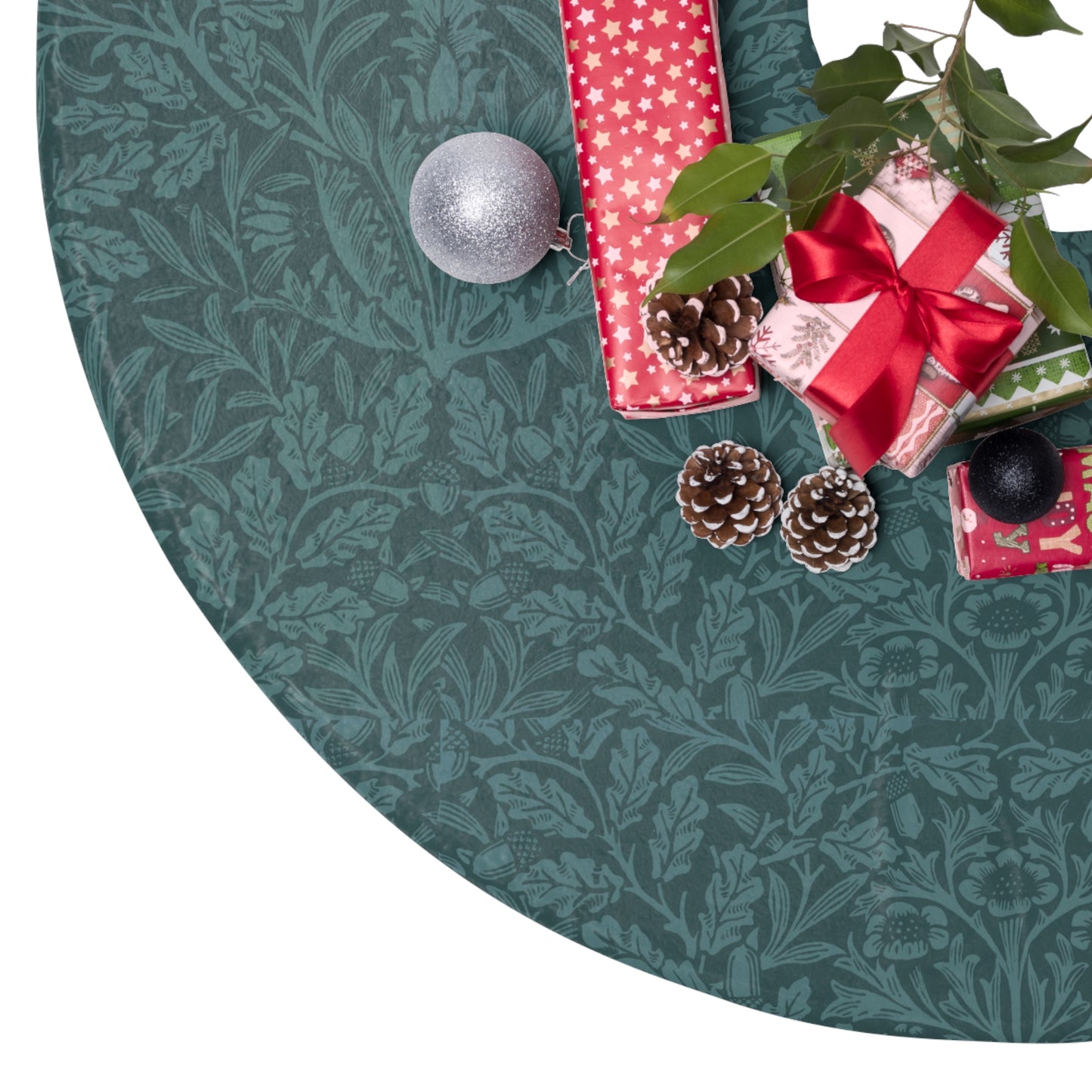 Christmas Tree Skirt  by William Morris & Co in a pattern called Acorn & Oak Leaves Collection in a floral teal colour