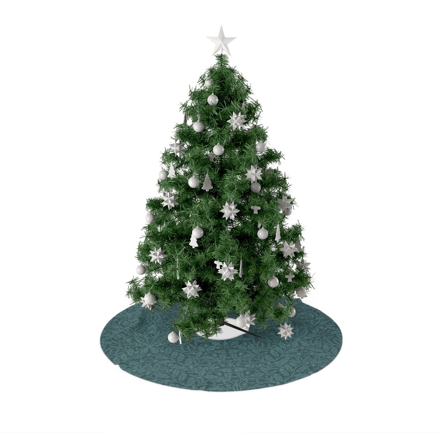A round Christmas tree skirt with a teal base color, featuring a one-sided print of a Christmas tree with acorn and oak leaves design, inspired by William Morris.