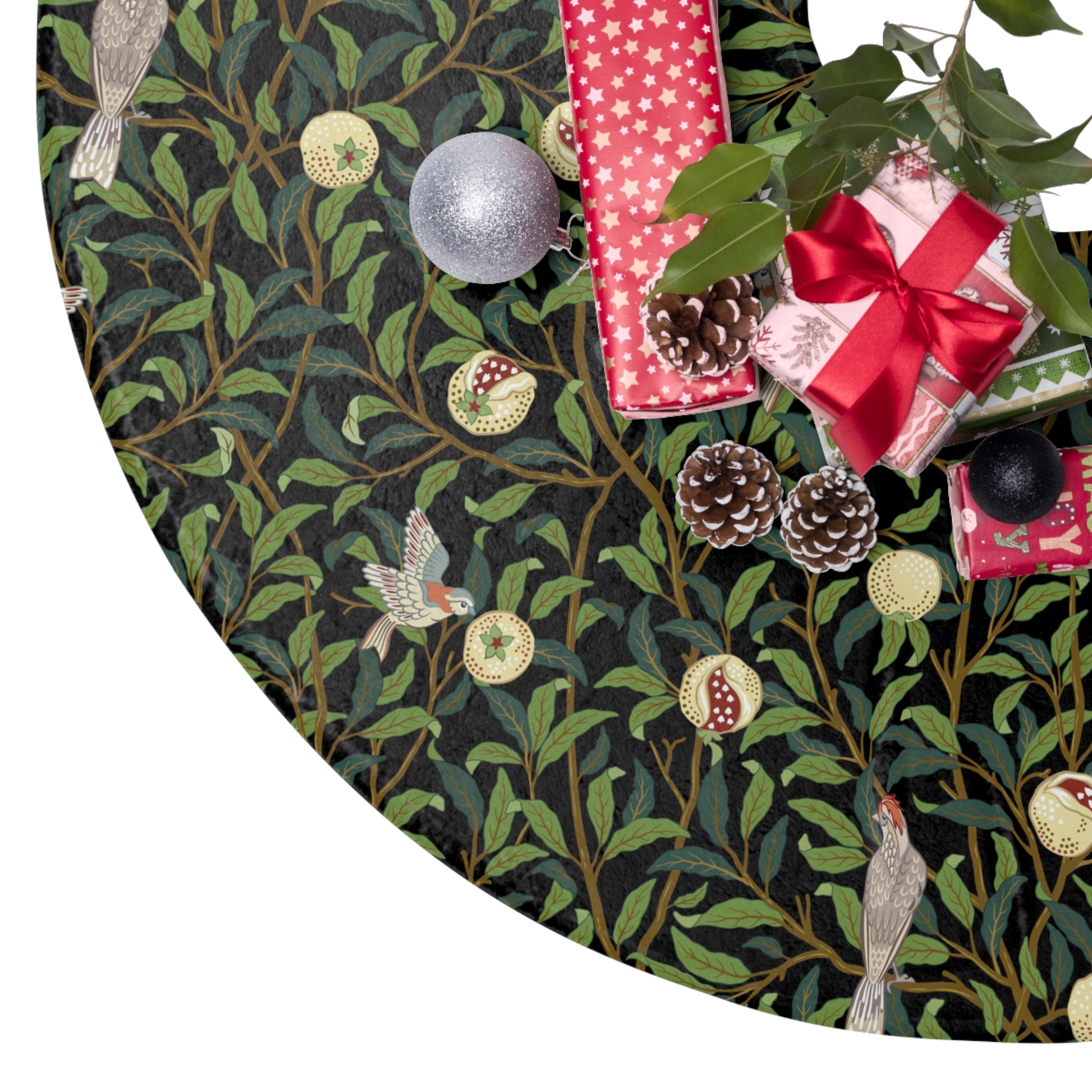 Christmas Tree Skirt by William Morris & Co in a pattern called Bird & Pomegranate Collection (Onyx) in floral black, green and beige