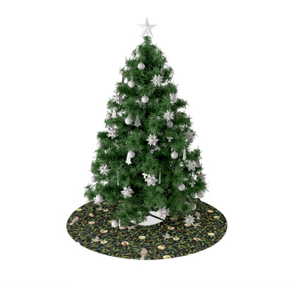 A round Christmas tree skirt with a green tree and white ornaments on a cream base, inspired by William Morris - Bird & Pomegranate Collection in onyx color.