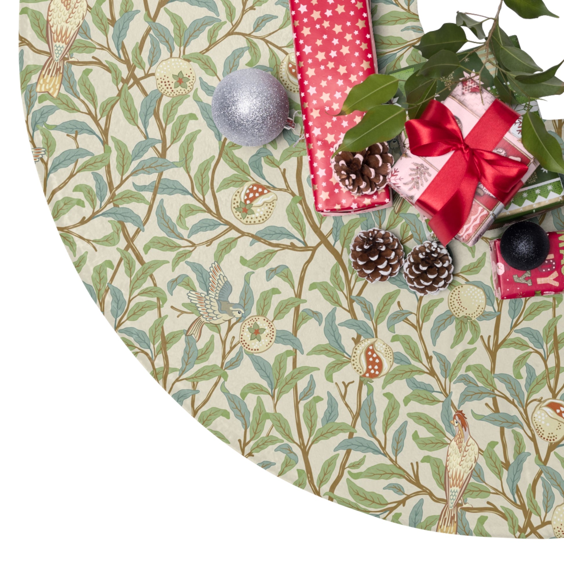 Christmas Tree Skirt by William Morris & Co in a floral pattern called Bird & Pomegranate Collection in colour parchment, brown, green and red