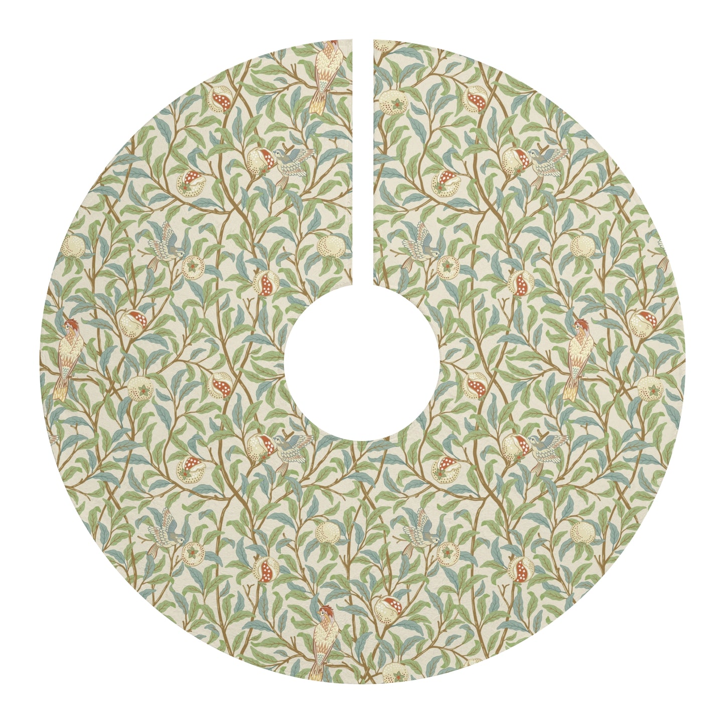 Christmas Tree Skirt by William Morris & Co in a floral pattern called Bird & Pomegranate Collection in colour parchment, brown, green and red