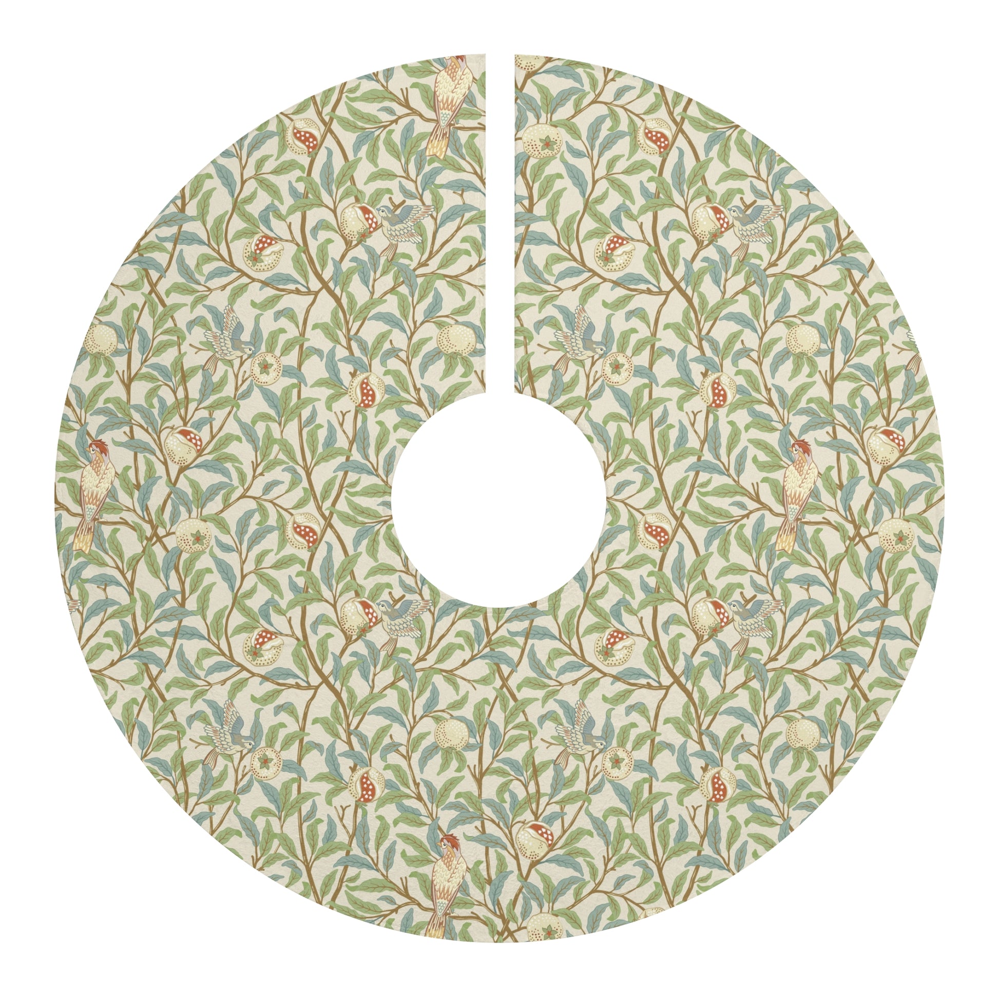 Christmas Tree Skirt by William Morris & Co in a floral pattern called Bird & Pomegranate Collection in colour parchment, brown, green and red