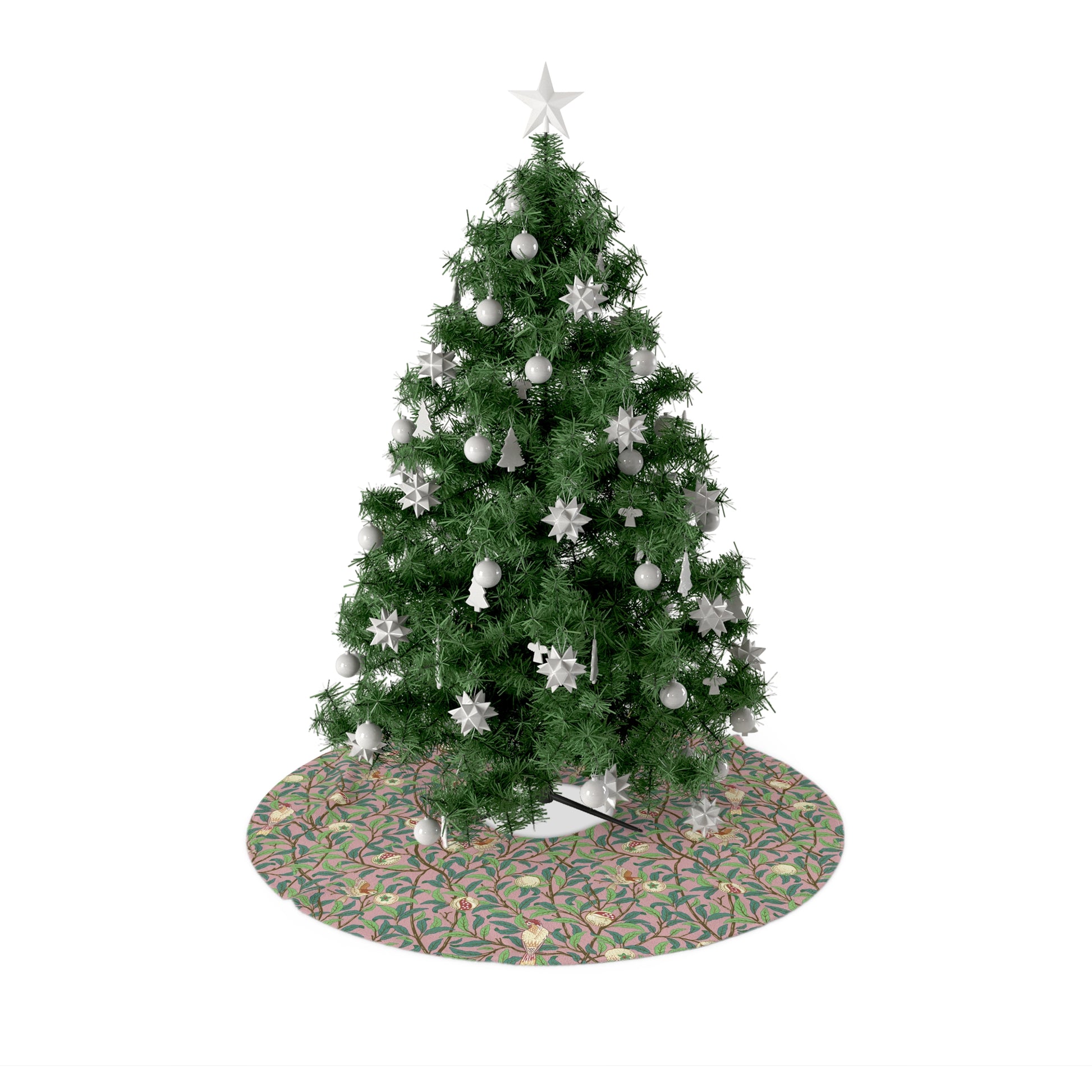 A round Christmas tree skirt with a Christmas tree depicted on it, the skirt has a cream base color with a multicolored pattern around the tree.