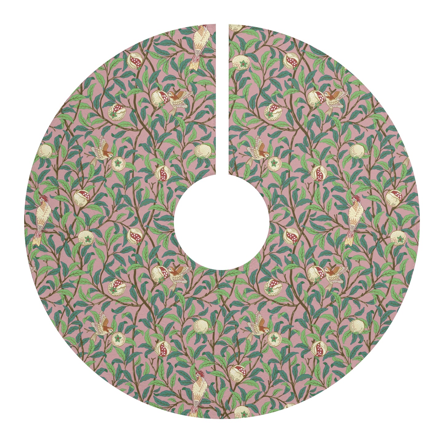 Christmas Tree Skirt by William Morris & Co in a pattern called Bird & Pomegranate Collection in pink, green and brown
