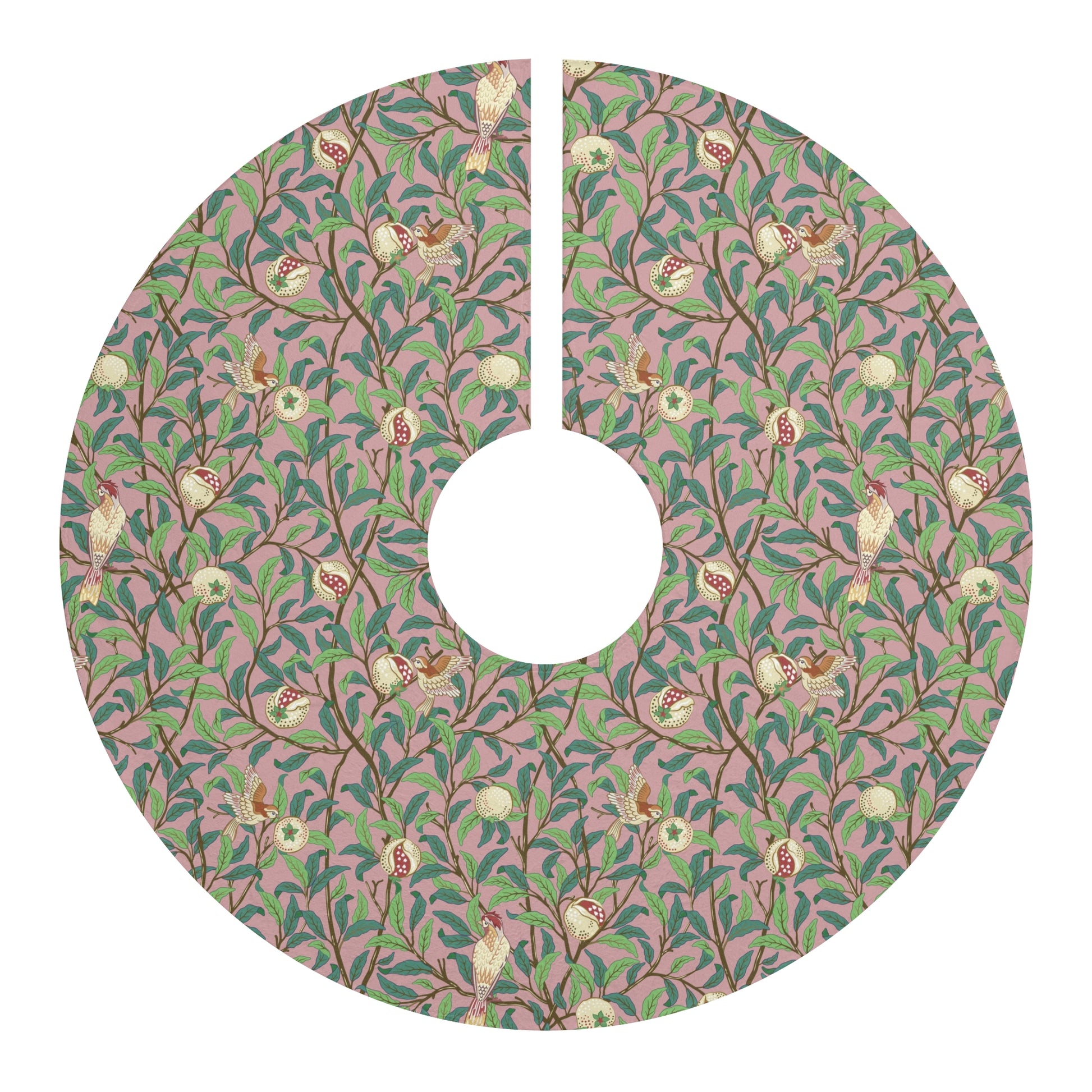 Christmas Tree Skirt by William Morris & Co in a pattern called Bird & Pomegranate Collection in pink, green and brown