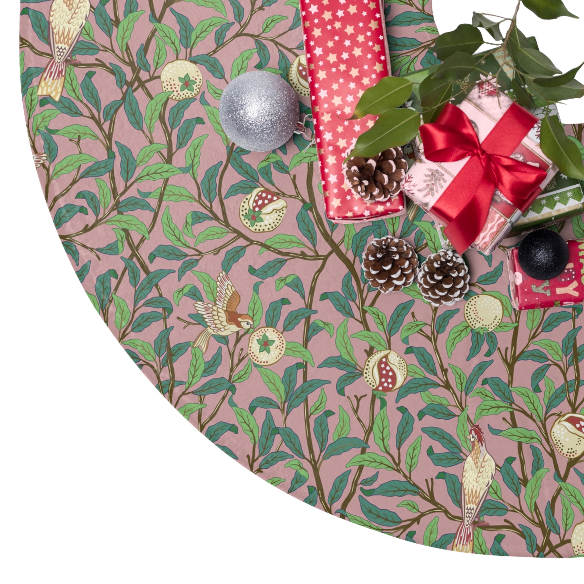 Christmas Tree Skirt by William Morris & Co in a pattern called Bird & Pomegranate Collection in pink, green and brown
