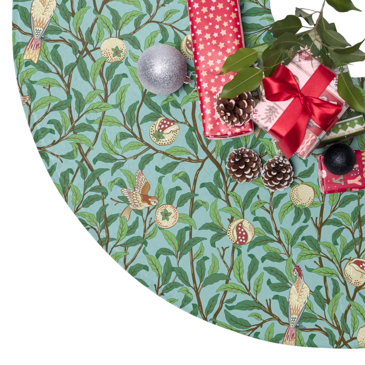Christmas Tree Skirt by William Morris & Co in a pattern called Bird & Pomegranate Collection on a floral Tiffany Blue background