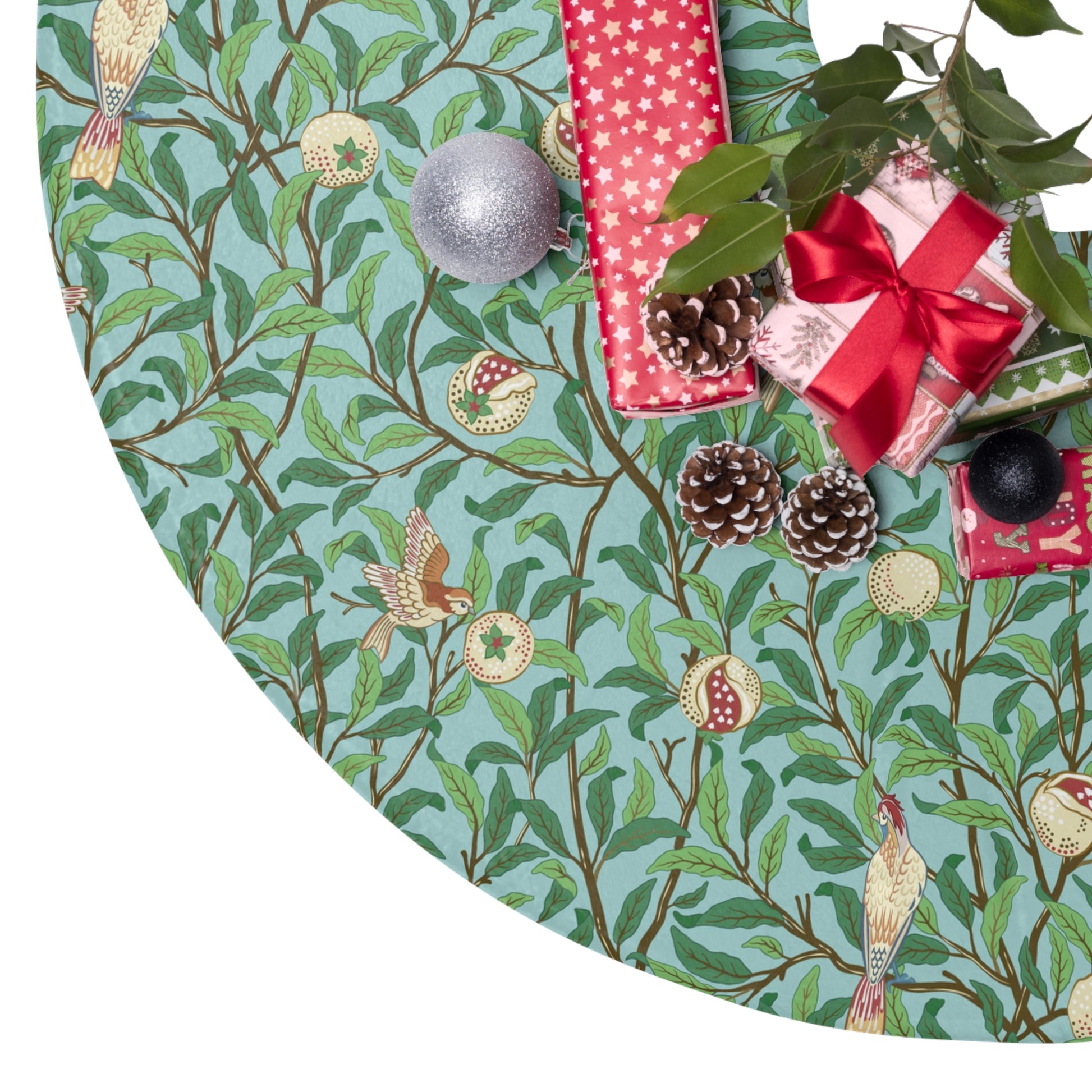 Christmas Tree Skirt by William Morris & Co in a pattern called Bird & Pomegranate Collection on a floral Tiffany Blue background