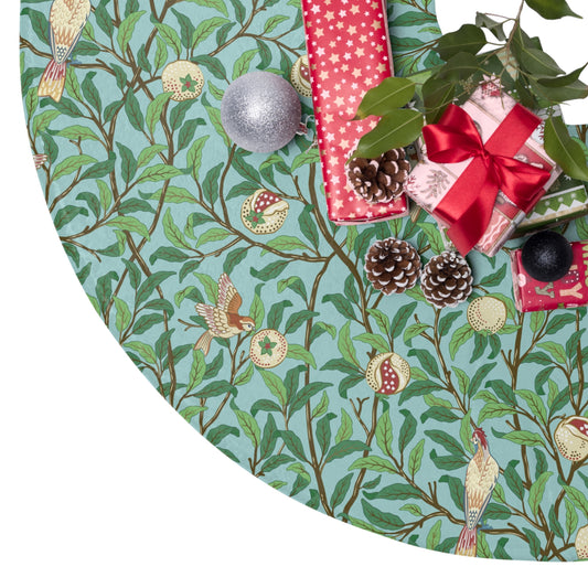 Christmas Tree Skirt by William Morris & Co in a pattern called Bird & Pomegranate Collection on a floral Tiffany Blue background