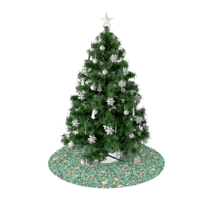A round Christmas tree skirt with a Tiffany Blue pattern inspired by William Morris, featuring a Christmas tree in the center.