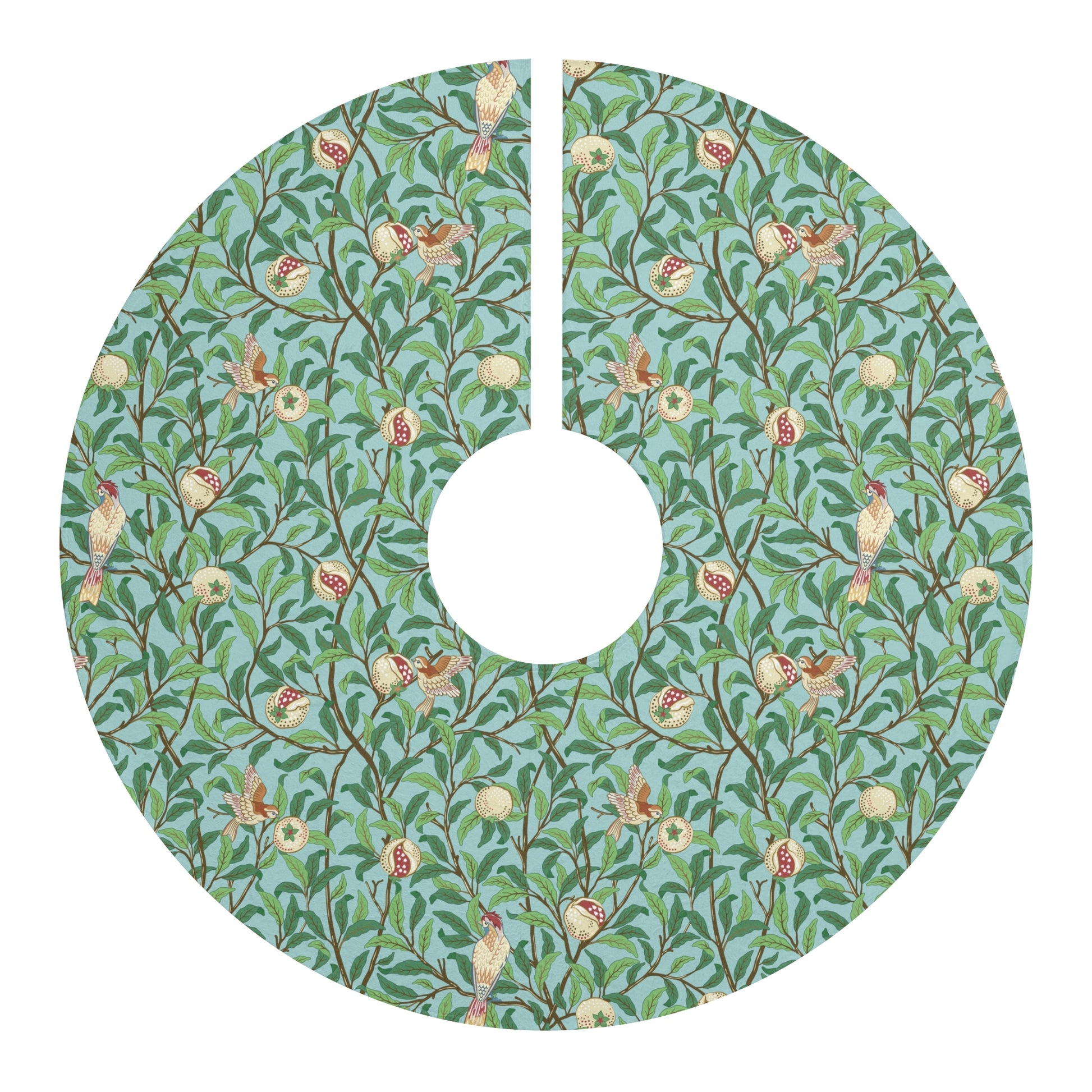 Christmas Tree Skirt by William Morris & Co in a pattern called Bird & Pomegranate Collection on a floral Tiffany Blue background