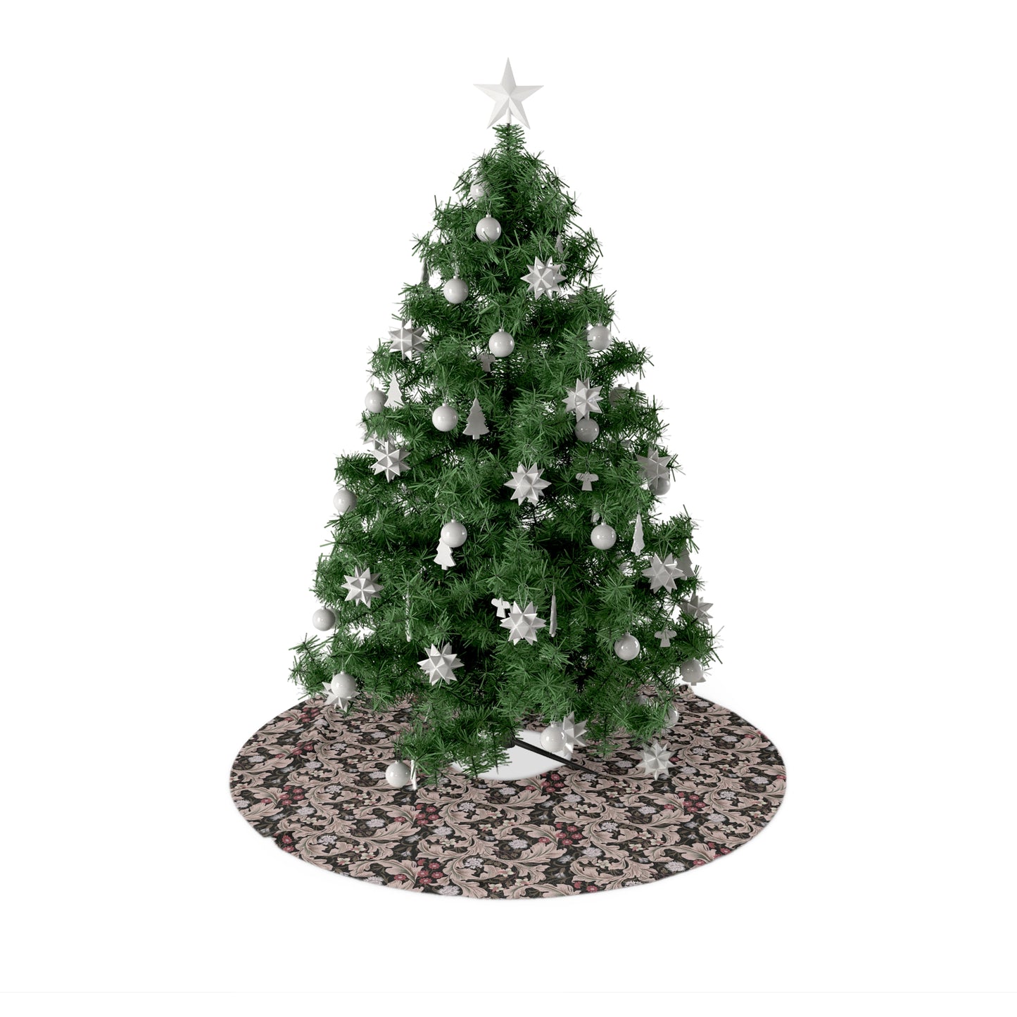 A round Christmas tree skirt with a green tree on top and a cream base featuring a floral pattern. The tree is adorned with white lights and presents, and the skirt is placed on a white background.