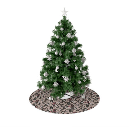 A round Christmas tree skirt with a green tree on top and a cream base featuring a floral pattern. The tree is adorned with white lights and presents, and the skirt is placed on a white background.
