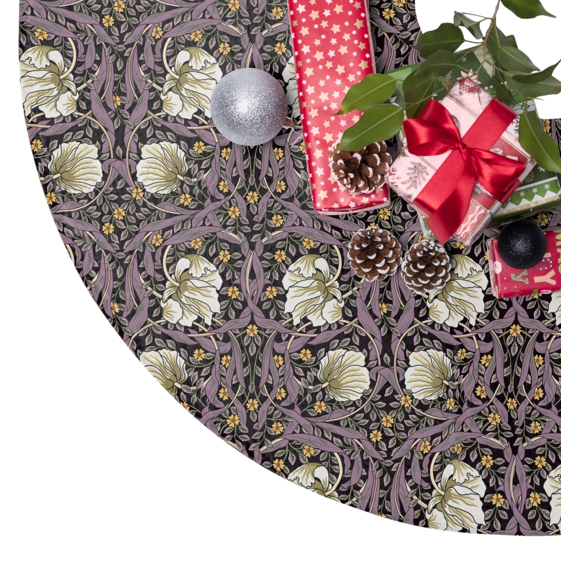 Decorative Christmas tree skirt with floral pattern and holiday elements.