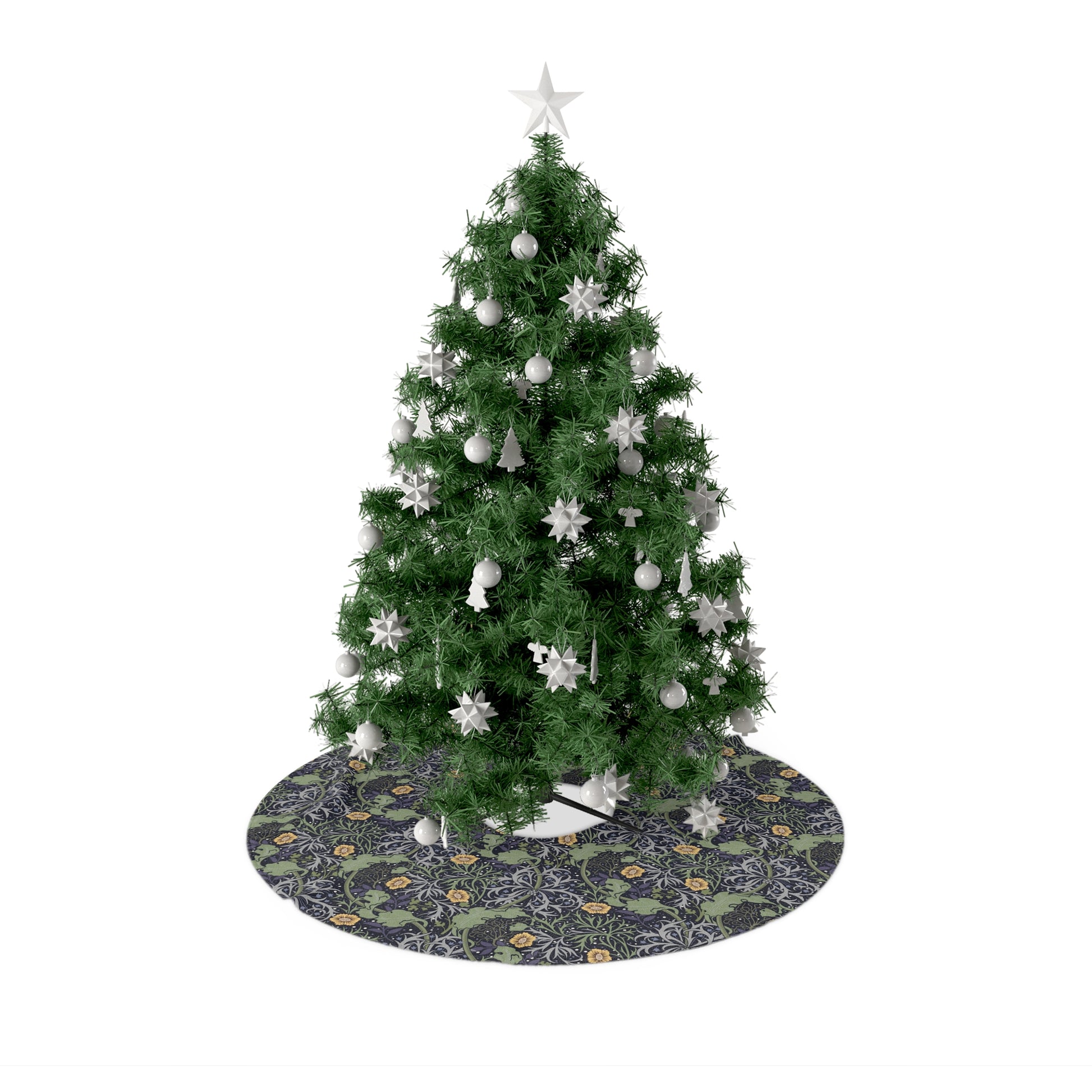 A Christmas tree skirt with a yellow floral pattern based on the William Morris design, displayed around the base of a Christmas tree.