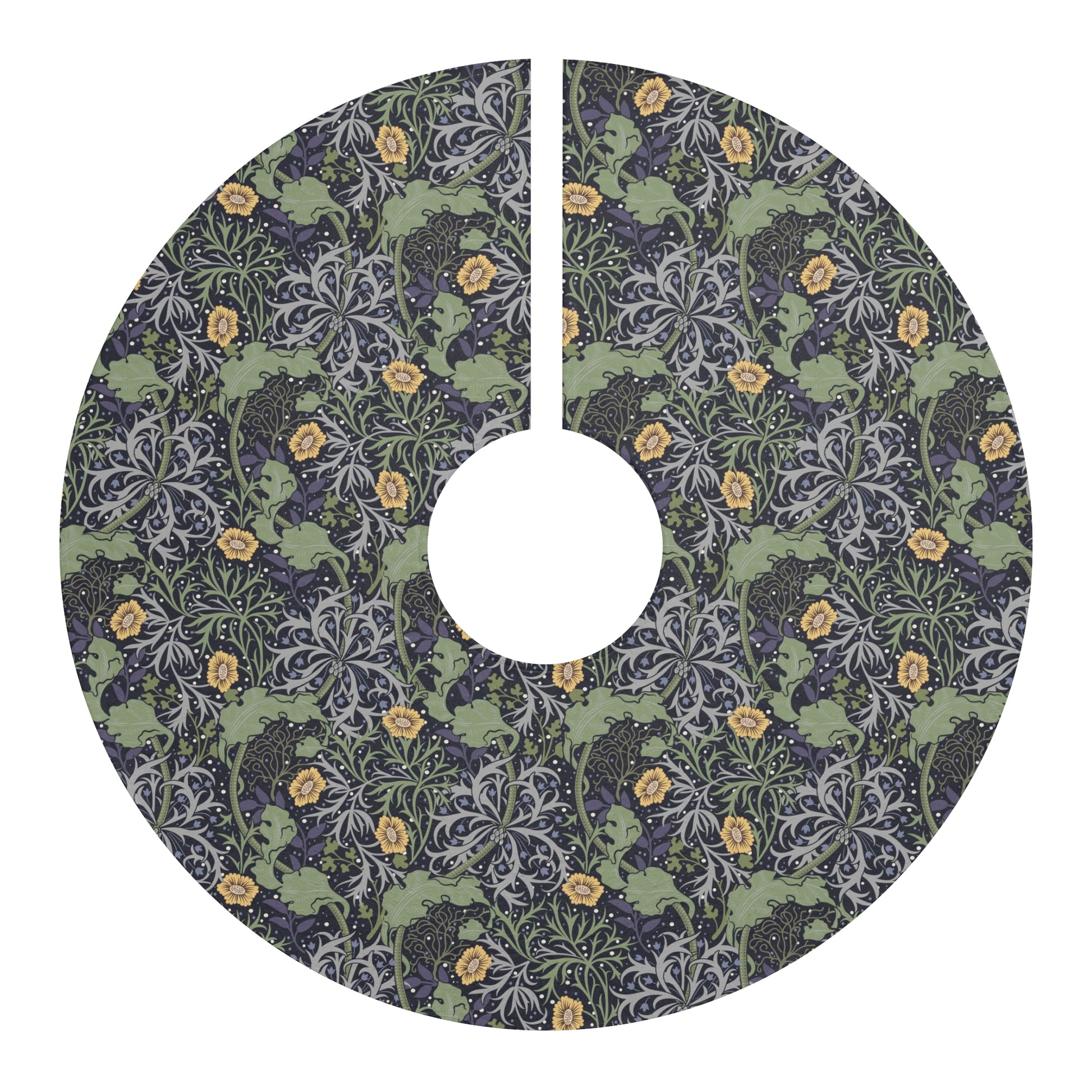 Christmas Tree Skirt by William Morris & Co in a floral pattern Seaweed Collection in Yellow, Green and Grey