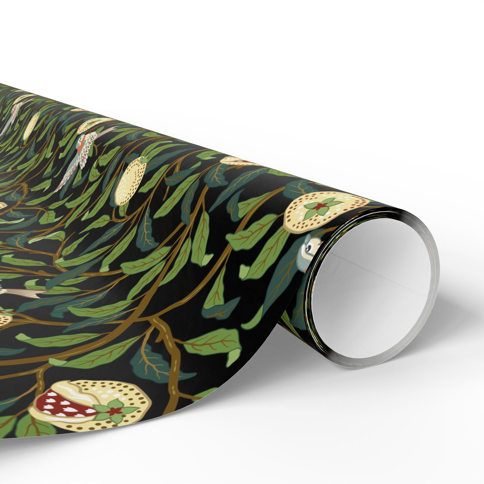 Roll of decorative paper with nature-themed design on a white background