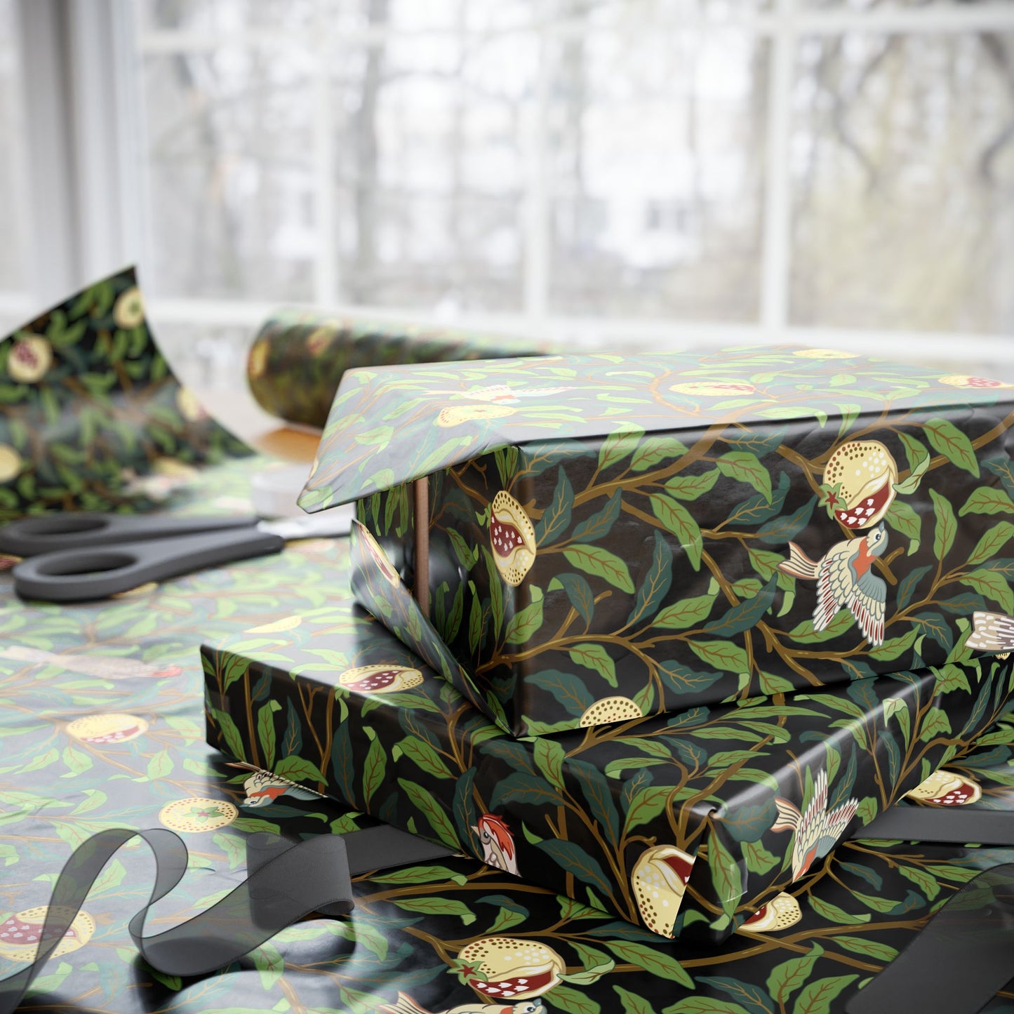 Gift boxes wrapped in decorative paper with birds and leaves on a table.