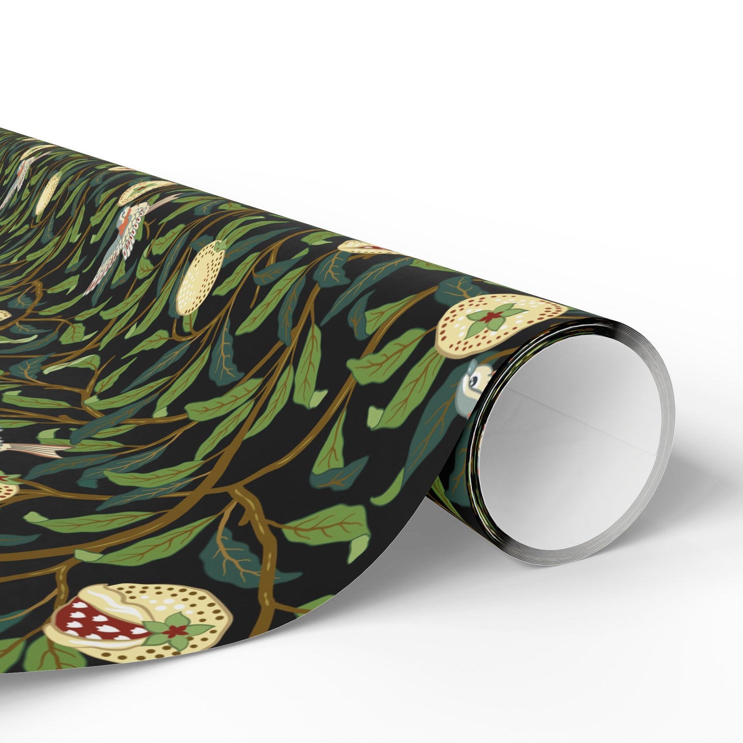 Roll of decorative paper with nature-themed design on a white background