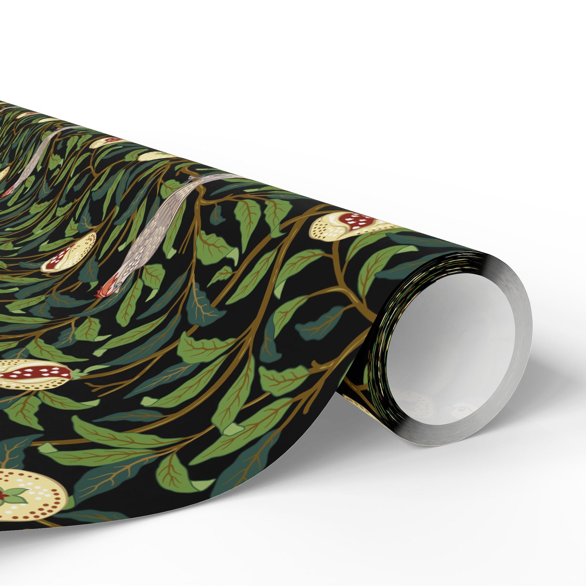 Roll of wrapping paper with nature-themed design on a white background